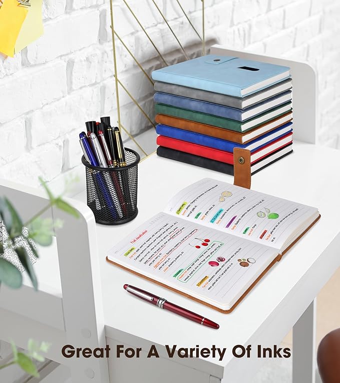 Brown A5 Lined Leather Journal Notebook for Men Women,5.9" X 8.4" Personalized Hardcover Journal with Pen,200 Pages 100 Gsm Thick Ruled Paper Daily Diary for Travel,Business,Work,Writing-DeskLoop Office