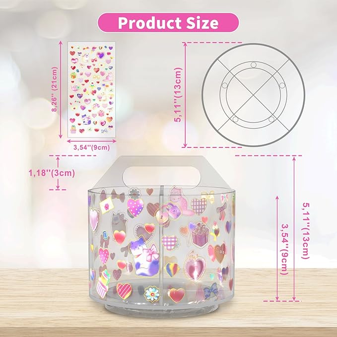 Acrylic Pencil Organizer for Desk 4 Compartments with Adhesive DIY Sticker, Rotating Art Supply Organizer with Kawaii Sticker Kids, Spinning Round Marker Organizer Small Supply Organizers Caddy-DeskLoop Office