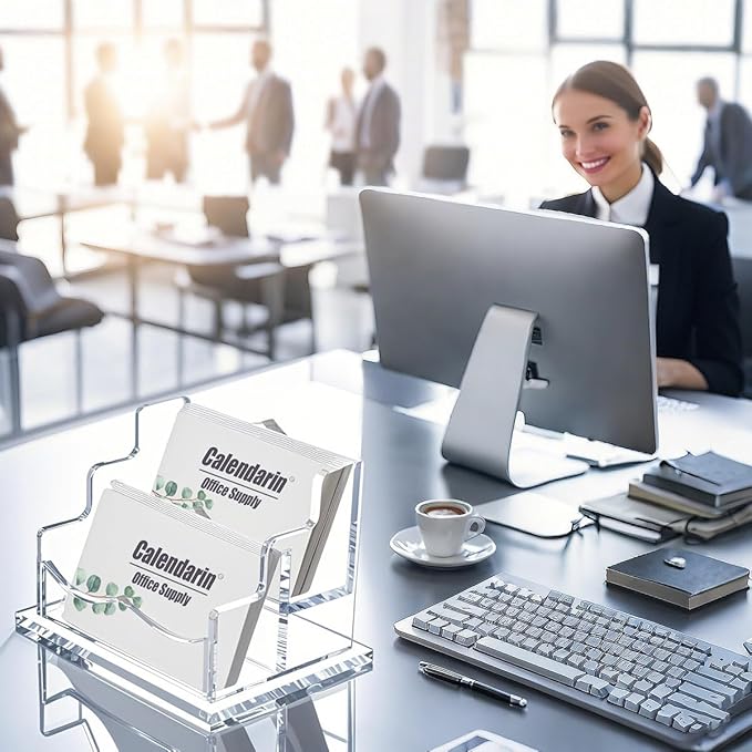 Acrylic Business Card Holder for Desk, Clear Business Name Card Display Card Organizer, Morden Desk Accessory Supply for Office, Horizontal, 2-Slot-DeskLoop Office