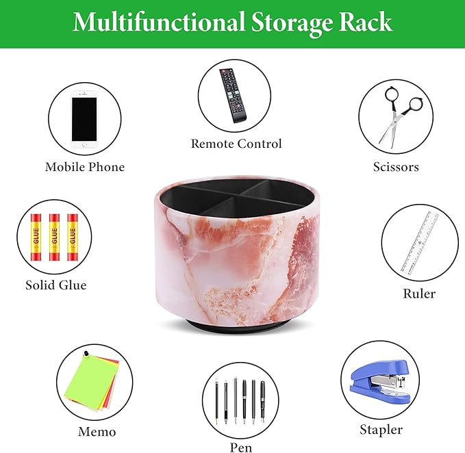 Round Leather Art Supply Organizer,Remote Control Holder,360-degree Rotating Pen Organizer with 4 Compartments(1-Marble Pink)-DeskLoop Office