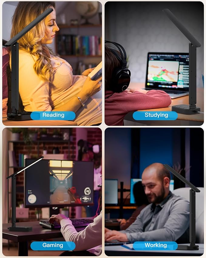 Power Strip with LED Desk Lamp, 10 Ft Extension Cord with 3 Outlets 4 USB Ports(2 USBC), 4 Modes 5 Level Touch Lamp Small Desk Lamps for Home Office College Dorm Room, Study Reading Light - BK-DeskLoop Office