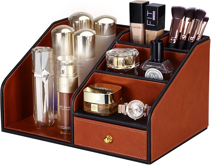 KINGFOM PU Leather Desk Organizer, Multifunction 6 Compartment Desk Organizers and Accessories for Office Supplies, Pen Pencil Holder/Book Mail Organizer Holder for Desk with Drawer (Brown)-DeskLoop Office