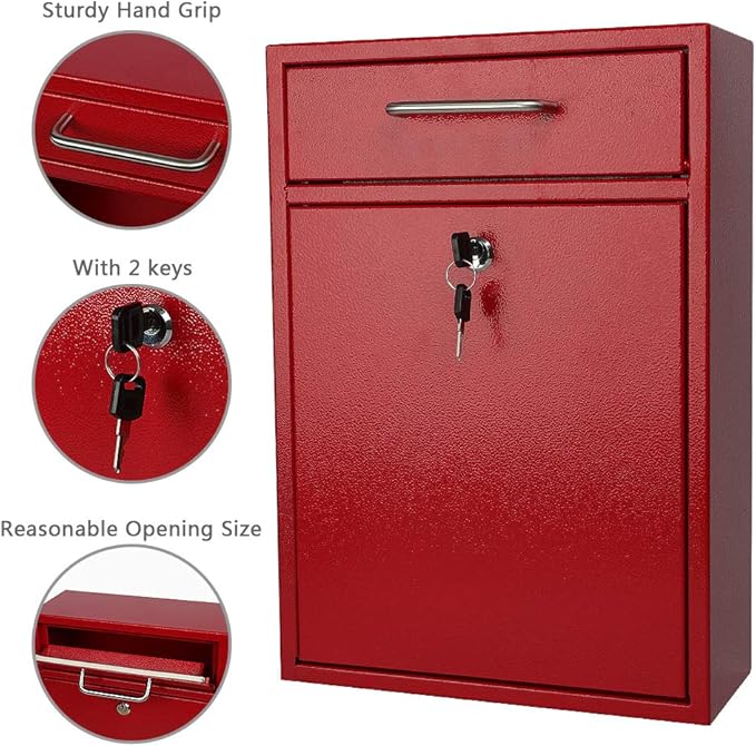 KYODOLED Steel Key Lock Mail Boxes Outdoor, Locking Wall Mount Mailbox, Security Key Drop Box, Collection Boxes,16.2H x 11.22L x 4.72W Inches, Red X Large-DeskLoop Office