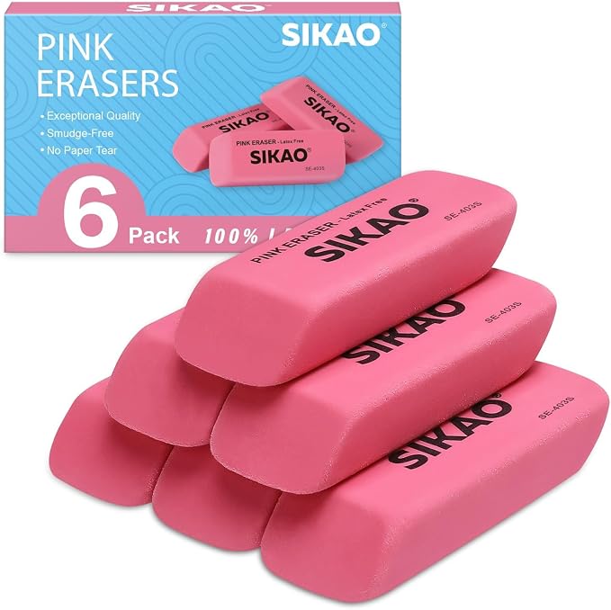 Pink Erasers, 6 Pack Pencil Erasers | Latex-Free & Smudge-Free Beveled Rubber by Sikao