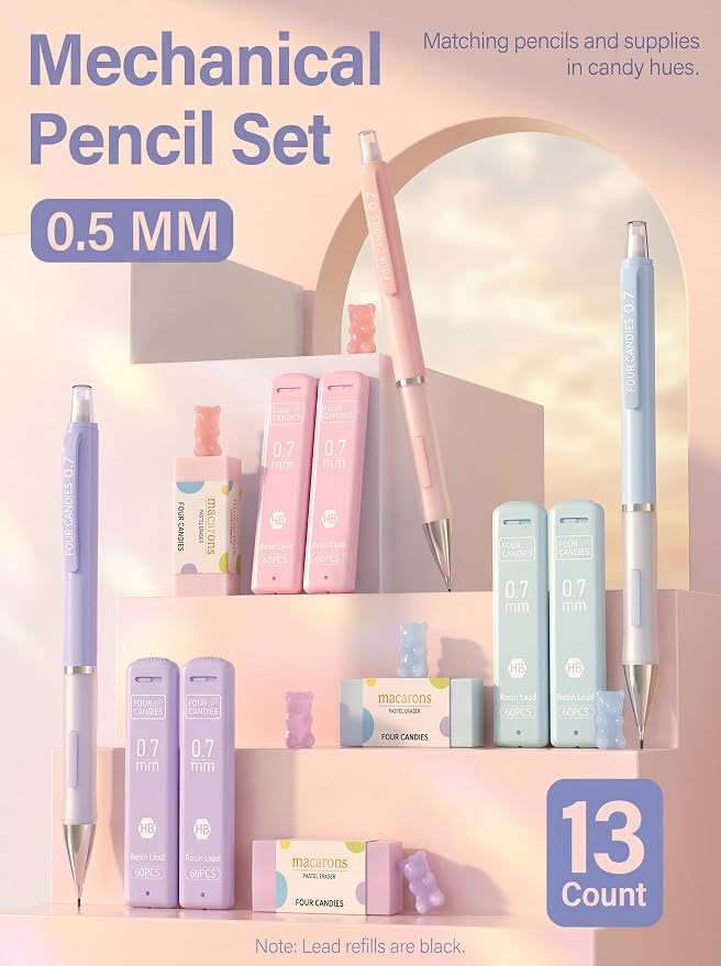 Four Candies Cute Pastel Mechanical Pencil Set, 3 Pack | 360 Lead Refills - Image 4