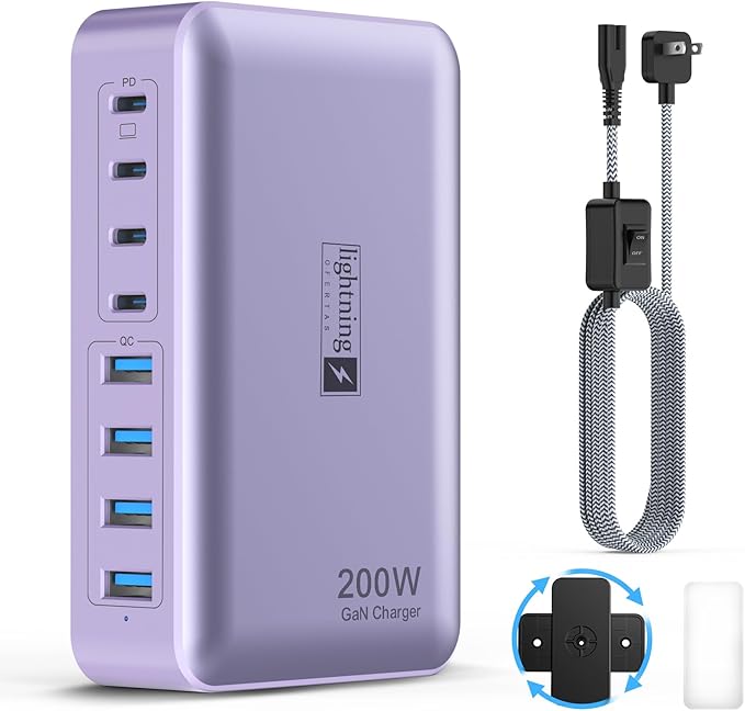 8-Port Type C Fast Charger Block 200W with Flat Plug, Braided Power Cord, and On/Off Switch- USB Charging Hub for iPhone, iPad, MacBook and More- 65W C Port Power Adapter for Laptops-DeskLoop Office