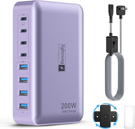 8-Port Type C Fast Charger Block 200W with Flat Plug, Braided Power Cord, and On/Off Switch- USB Charging Hub for iPhone, iPad, MacBook and More- 65W C Port Power Adapter for Laptops-DeskLoop Office