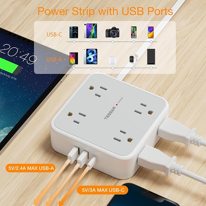 Flat Plug 20 FT Long Extension Cord, TESSAN Ultra Thin Power Strip Surge Protector with 8 AC Outlets, 900J, 3 USB Charger(1 USB C), Multi Port Charging Station for Home, Office, Dorm Room Essentials-DeskLoop Office