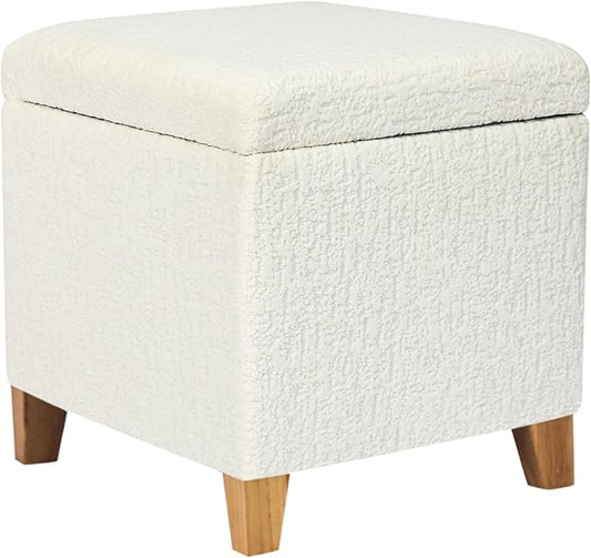 Adeco 18 Inch High Faux Fur White Cube Ottoman Storage, 3D Embossed Velvet Chair Foot Stools, Upholstered Vanity Stool with Hinged Lid, Solid Wood Legs-DeskLoop Office