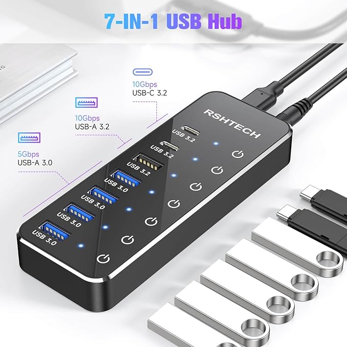 RSHTECH 7-Port Powered USB 3.2/USB C Hub with 10Gbps USB-A 3.2, 2 USB-C 3.2, 4 USB 3.0 Ports, Individual Touch Switches, 3.3ft Cable and 5V Power Adapter, USB Hub Splitter for Laptop/PC, RSH-ST07C-DeskLoop Office