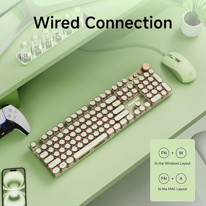 EWEADN Wired Typewriterkeyboard and Mouse Combo, Typewriter Style Mechanical Gaming Keyboard,104 Keys Backlit LED Keyboards, Media Control Knob, Wired Keyboard Pink Switch for Windows/Mac/PC-Green-DeskLoop Office