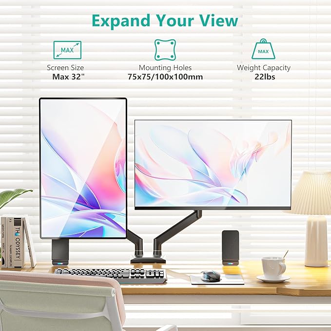 WALI Dual Monitor Stand for 17-32 inch Computer Screens, Dual Monitor Arms for 2 Monitors Holds up to 22 lbs, Height Adjustable Gas Spring Dual Monitors Mount, VESA 75x75/100x100mm (GSMP002N), Black-DeskLoop Office