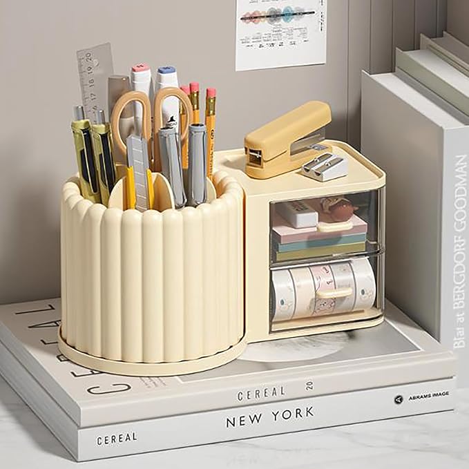 Anyoifax 360 Rotating Makeup Brush Holder 7 Slots Makeup Organizer with Drawer Removable Spinning Cosmetic Storage Pen Holder for Vanity, Dresser, Desk, Beige-DeskLoop Office