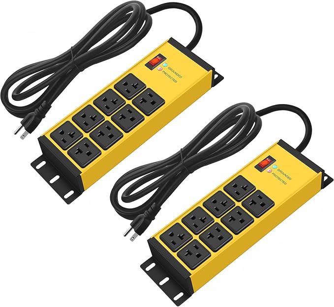 CCCEI 2PCS Heavy Duty Power Strip Surge Protector 20 AMP, 8 Outlets 12 Gauge Shop Garage Metal Multiple Outlets, 4 FT Extension Cord 5-15P Adapter High Amp 6-20R T-Slot 20a for Appliance Yellow.-DeskLoop Office