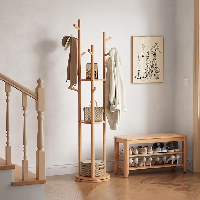 Solid Wood Rotary Coat Rack, Freestanding Coat Rack with 3 Shelves and 9 Hooks, Coat tree for Bedroom, Entryway, Livingroom, Coat Hanger Stand for Coats, Scarves, Handbags (Natural)-DeskLoop Office