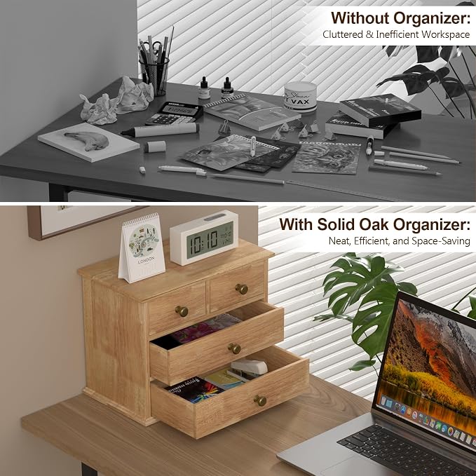 Oak Desk Organizer with Drawers, Wooden Desktop Storage Box with Metal Handles - Image 5