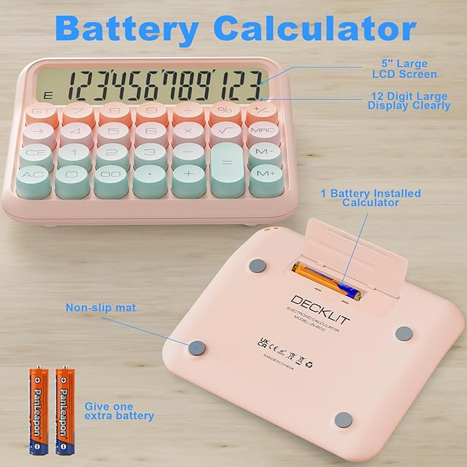 Mechanical Calculator 12 Digit Extra Large 5-Inch LCD Display, DECKLIT Battery Desk Calculator, Big Buttons Easy to Press Office Calculators Desktop, 15°Tilt Screen for Kids Calculator(Green&Pink)-DeskLoop Office