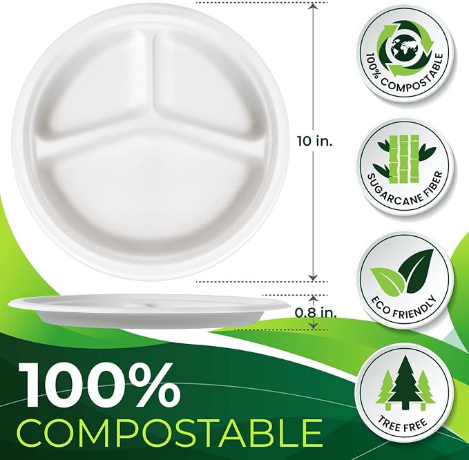 100PCS 100% Compostable 10in Paper Plates, 3 Compartment Heavy Duty Disposable - Image 2