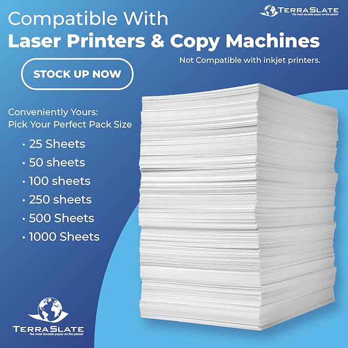 TerraSlate Waterproof Paper, 5 MIL 8.5” x 11”, Laser Printer & Copy Machine Compatible, Durable & Rain/Weather-Proof Copy Paper, White Paper (50 Sheets)
