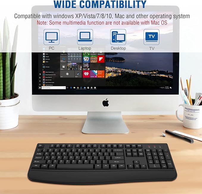 EDJO Wireless Keyboard, 2.4G Ergonomic Full Size Wireless Computer Keyboard with Wrist Rest for Windows, Mac OS Desktop/Laptop/PC（Black）-DeskLoop Office