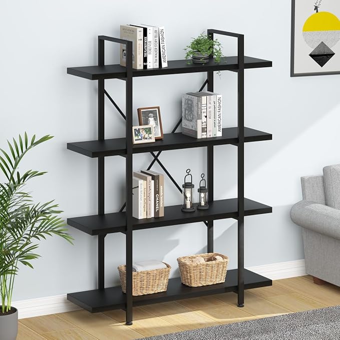 HSH 4 Tier Black Bookshelf, Industrial Metal Wood Storage Book Shelves, Modern Open 4 Shelf Bookcase and Display Etagere, Vertical Book Shelf for Bedroom Living Room Office-DeskLoop Office