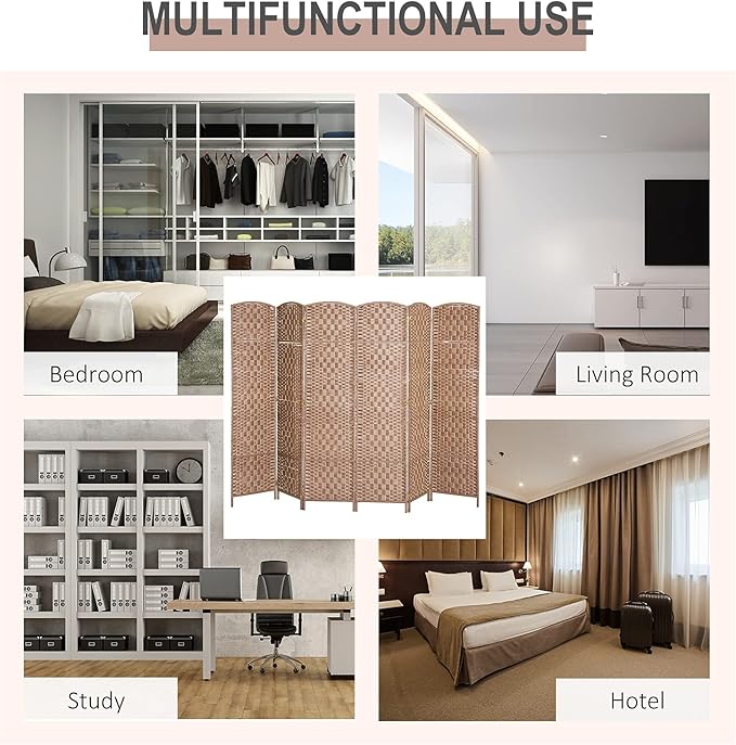HOMCOM Room Divider, 6 Panel Folding Privacy Screen, 6FT Tall Portable Wicker Weave Partition Wall Divider for Bedroom, Home Office, Natural-DeskLoop Office