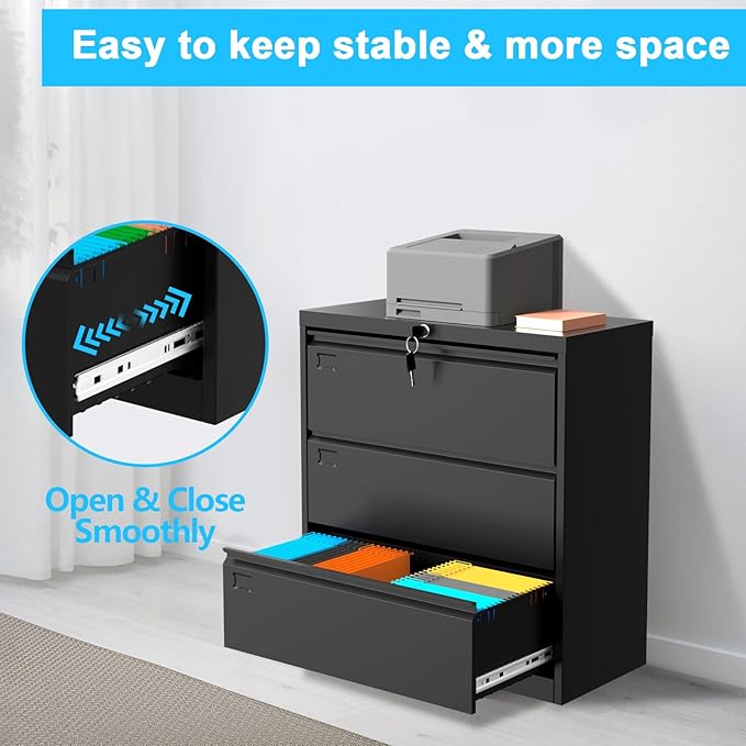 40inch Steel 3 Drawer Lateral Filing Cabinet - Lockable Metal Filing Storage, Home Office Organization, Fits Hanging Letter/Legal/F4/A4, Durable 0.6MM Coated Steel (Black)-DeskLoop Office