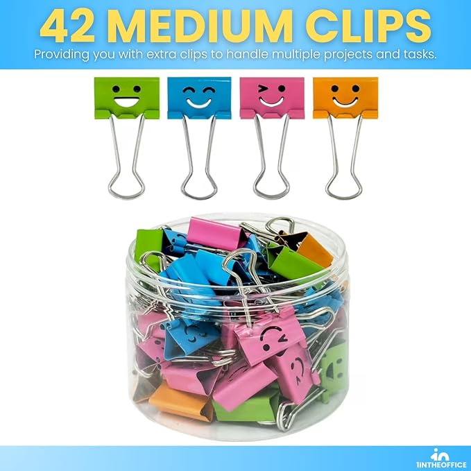 1InTheOffice Medium Cute Colored Smiley Face Binder Clips - Image 6