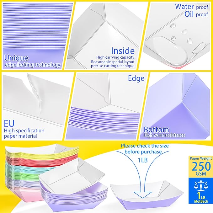 150 Pack Colorful 1Lb Paper Food Boat Trays Disposable Paper Boat Plates - Image 3