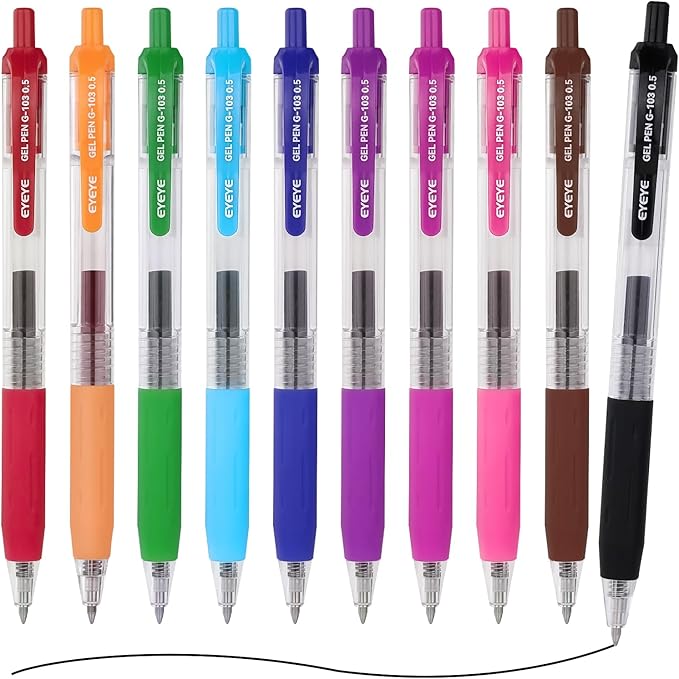 EYEYE G-103 Assorted Colors Gel Pens 0.5mm, 10 Pack Multicolor Retractable Pen Extra Fine Point Quick Drying, Ballpoint Pen Fine Point Smooth Writing Pens for for Office School Supplies