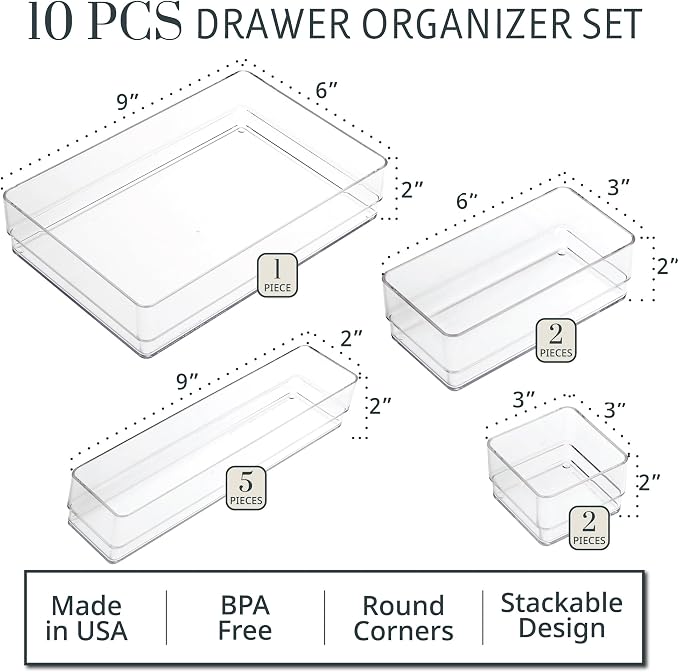 STORi SimpleSort 10-Piece Stackable Clear Drawer Organizer Set | Multi-size - Image 2