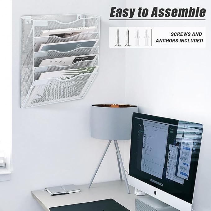 EASEPRES 5 Pocket Mesh Hanging Wall File Organizer, Wall Mounted Mail Paper Document Folder Holder, Clipboard Storage Organization Magazine Rack with Nametag Label for Office Home School, White-DeskLoop Office