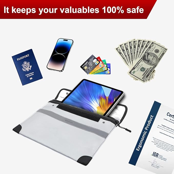 Fireproof Document Bag – 5200°F Heat-Resistant, 10.6"x14.2" Waterproof Money Pouch with 8-Layer Protection, Zipper and Snap Closure, Reflective Strip for Quick Access, Gray-DeskLoop Office