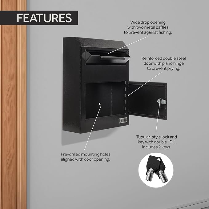 Drop Box Deposit Safe 12 x 4 x 15” Heavy Duty Steel Wall Mount Mailbox for Mail, Letters, Checks, Keys, Cash and more for Home, Office & Commercial Use (W500) (Black)-DeskLoop Office