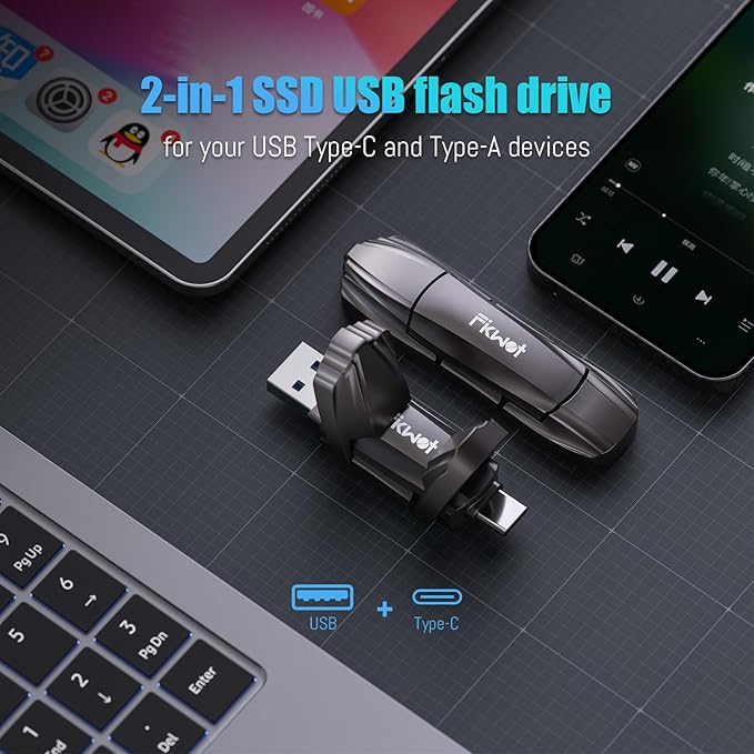 FU388 External Solid State Drive, Up to 1000MB/s for Data Storage,Dual-Port Stick Design with USB-A & Type-C Expansion of Storage for iPhone 15/16 /Android/PC/Mac/Laptop-DeskLoop Office