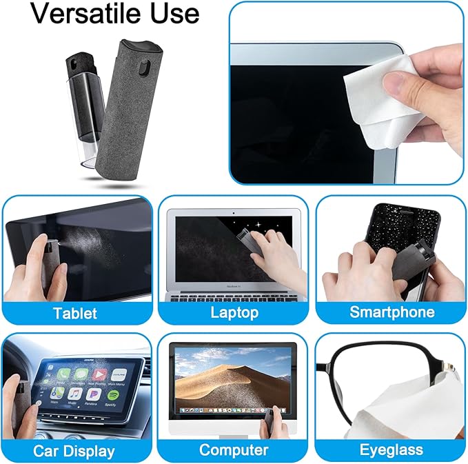 2 Pack Screen Cleaner Spray and Wipe for Laptop Monitor and Car Screens, Phone Touchscreen Mist Cleaning Kit for Cellphone, Tablet, PC, Computer, LCD, Eyeglass, iPhone, iPad, Mac Pro - Black and Grey-DeskLoop Office