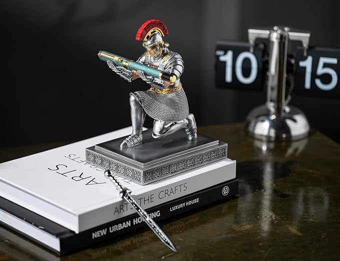 Roman Praetorian Warrior Knight Pen Holder Desk Ornament Resin Pencil Holder Desk Accessories and Organizer for Office with a Letter Opener (Silver)-DeskLoop Office