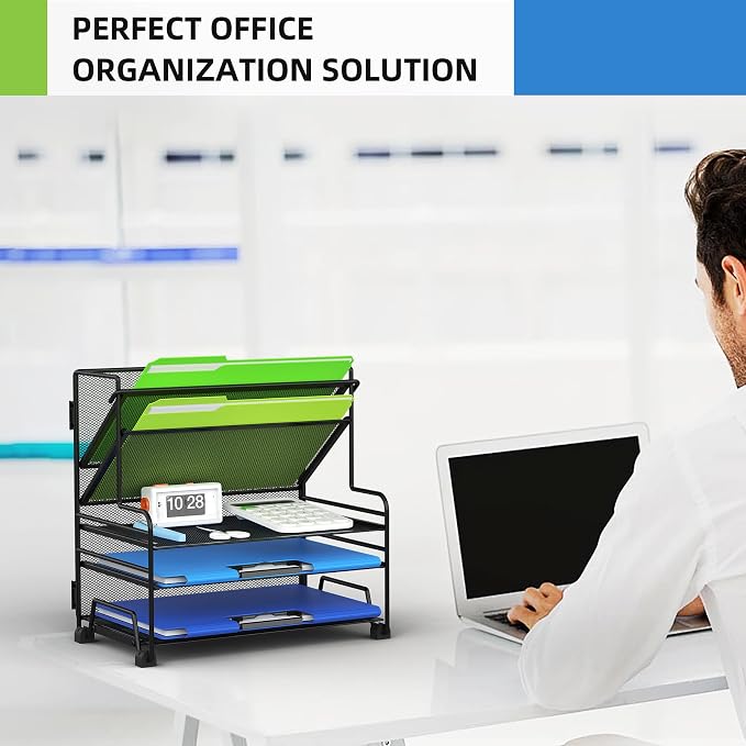 MINDEPOT 4-Tier Paper Organizer + 3-Pocket File Holder, Desktop File Organizers - Image 6