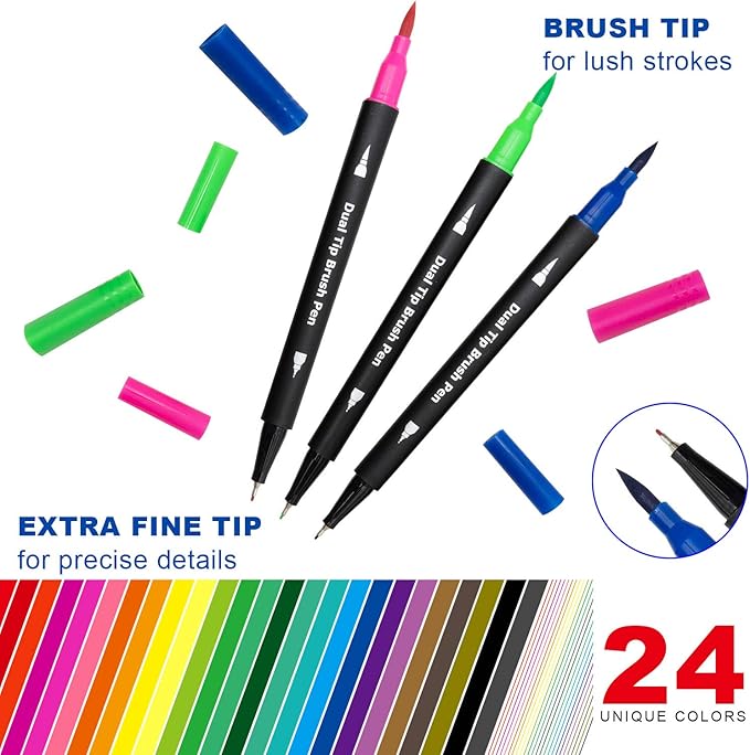 Dual Brush Marker Pens,24 Colored Markers,Fine Point and Brush Tip for Kids Adult Coloring Books Bullet Journals Planners,Note Taking Coloring Writing-DeskLoop Office