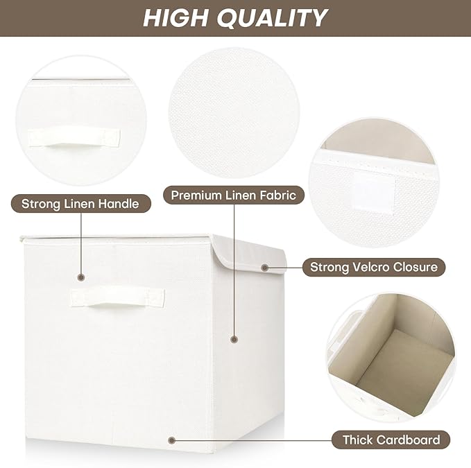 Large 17" 42 Quarts Collapsible Stackable Storage Bins with Lids [3-Pack] Foldable Fabric Linen Storage Boxes Cube, Closet Organizer Baskets with Label (16.7 x 12 x 12", White)-DeskLoop Office