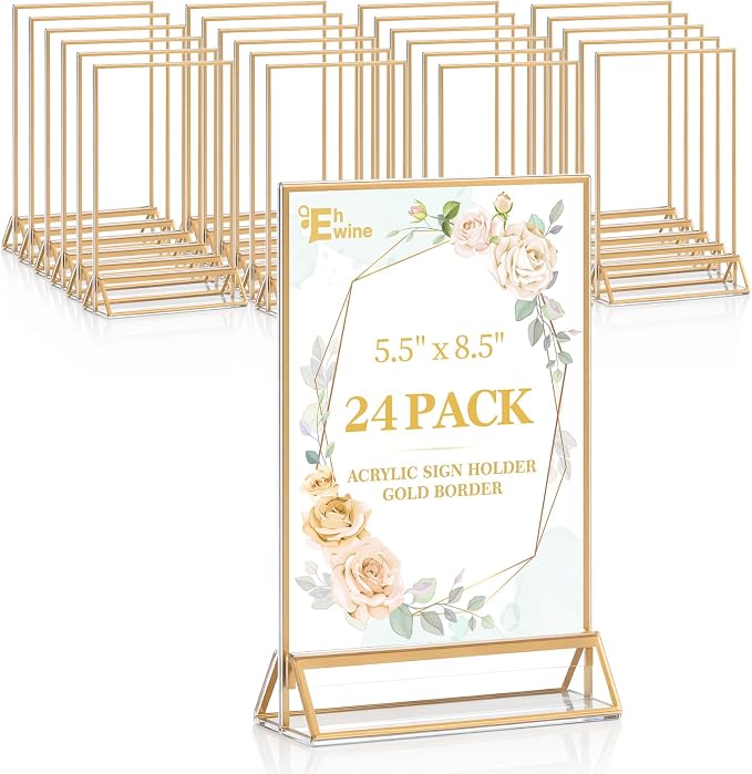 EHWINE 24 Pack Acrylic Sign Holder 5.5 x 8.5, Double Sided Gold Picture Frame by EHWINE