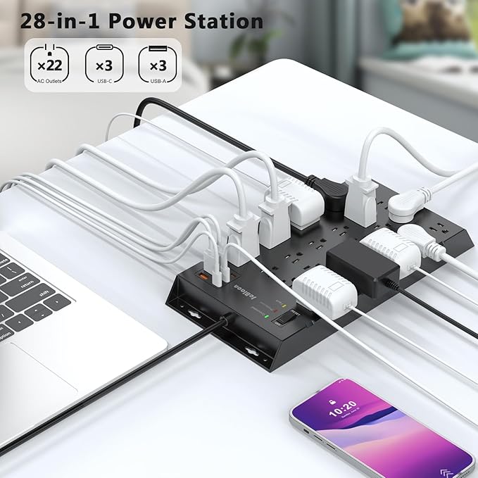 22 Outlets & 6 USB Big Power Strip, Jcblaon Surge Protector with 3USB C & 3USB A Charging Ports, 6.5ft Flat Plug Heavy Duty Extension Cord(1875W/15A)，2100J, 14AWG,Wall Mountable for Garden,Shed, Black-DeskLoop Office