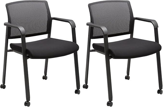 CLATINA Black Waiting Room Chair with Wheels Mesh Back Stacking Arm Chairs with Upholstered Fabric Seat and Ergonomic Lumbar Support for Office School Church Guest Reception-DeskLoop Office