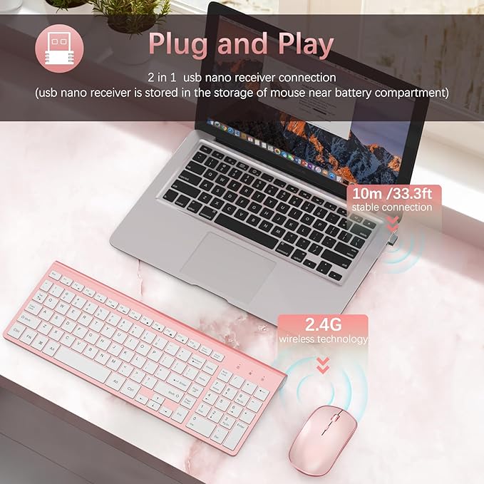 Wireless Keyboard and Mouse,2.4G Full Size and Portable Wireless Keyboard with Numeric Keyboard or Computer/Desktop/Laptop/Windows 10/8/7 -Pink-DeskLoop Office