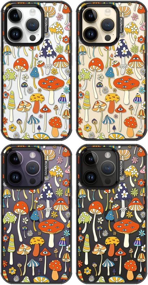MOSNOVO Case for iPhone 14 Pro, [10ft 4X Military-Grade Drop Protection] Durable & Shockproof Phone Case Cover Design for iPhone 14 Pro - Mushroom Art - Clear Black-DeskLoop Office