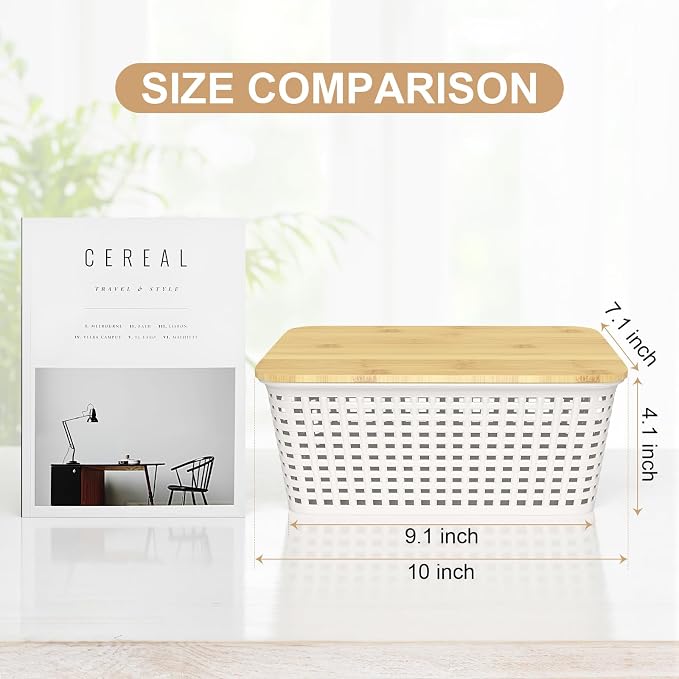6Pcs Storage Bins with Lids, Stackable Plastic Storage Basket with Bamboo Lid - Image 2