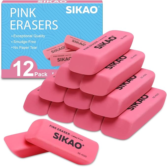 Pink Erasers, 12 Pack Pencil Erasers | Latex-Free & Smudge-Free Beveled Rubber by Sikao