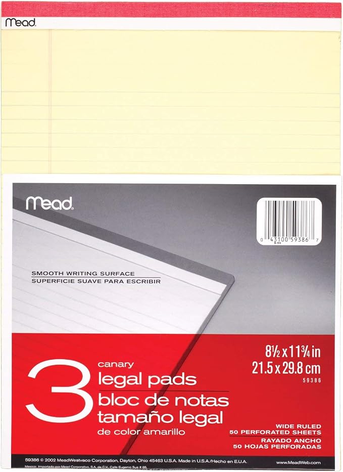 Mead Legal Pads, Wide Ruled Paper, 8-1/2" x 11-3/4", 50 Sheets, Steno Pads by Mead