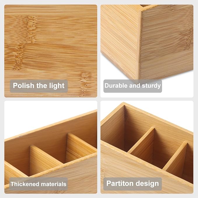 Bamboo Wood Pens Pencils Holder Cup for Desk Remote Control Holder, Caddy,Organizer,Desktop Storage with 4 Compartments,Multiuse for Store TV Remotes,Game Console,Phones,Office Supplies (4 Grid)-DeskLoop Office