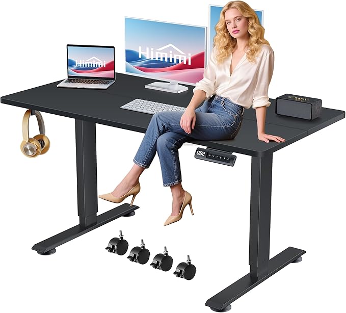 Himimi Electric Standing Desk 55 x 24 inch for Home Office,Sit-Stand Adjustable Desk with Memory Presets,Height Adjustable Desk for Gaming/Working,Free Hook, Lockable Wheels,Mouse Pad,Black-DeskLoop Office